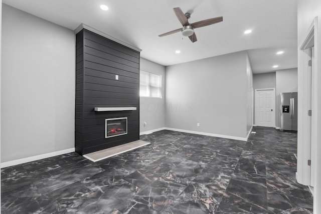 1612 Cole St, Columbus, OH 43205 - unfurnished living room featuring a ceiling fan, marble finish floors, a fireplace, and recessed lighting