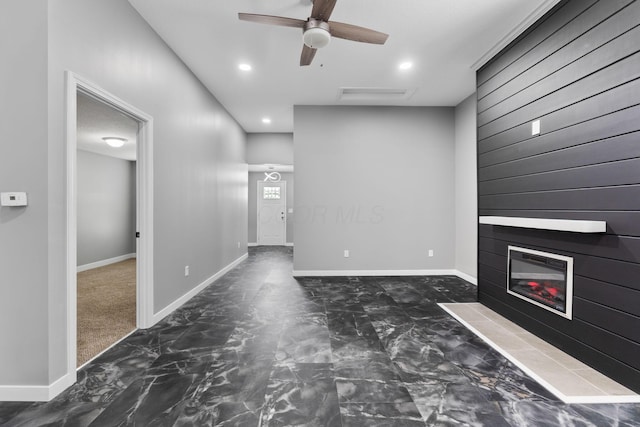 1612 Cole St, Columbus, OH 43205 - unfurnished living room with a large fireplace, ceiling fan, and recessed lighting