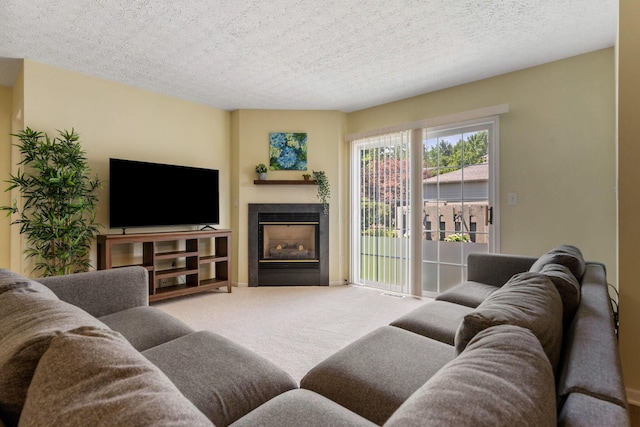 4109 Blendon Way Dr Unit 99E, Columbus, OH 43230 - carpeted living area featuring a tiled fireplace and a textured ceiling