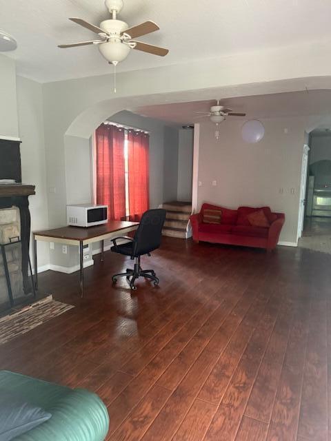 1364 E Fulton St, Columbus, OH 43205 - office space with a ceiling fan, hardwood / wood-style floors, and arched walkways