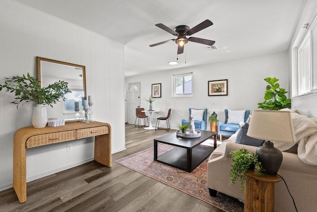 1556 Vilardo Ln, Columbus, OH 43227 - living area with wood finished floors and ceiling fan