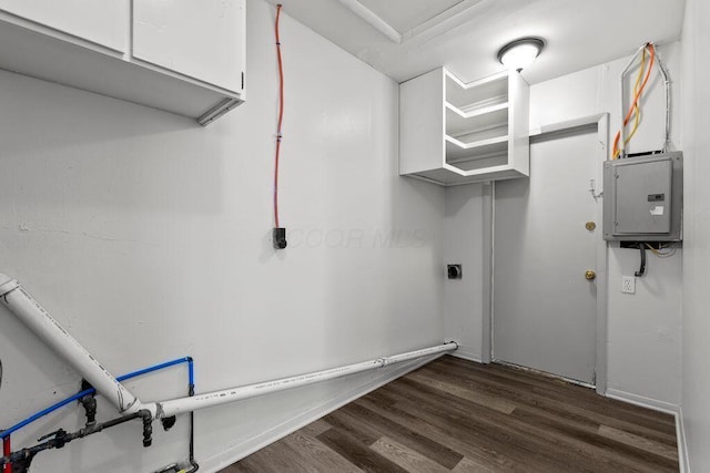 1556 Vilardo Ln, Columbus, OH 43227 - laundry room with electric panel, dark wood-type flooring, and electric dryer hookup