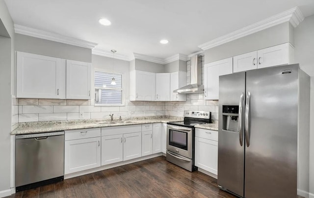 1555 Myrtle Ave, Columbus, OH 43211 - kitchen with stainless steel appliances, wall chimney exhaust hood, white cabinetry, dark wood-style floors, and tasteful backsplash