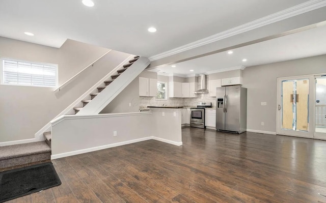 1555 Myrtle Ave, Columbus, OH 43211 - kitchen with appliances with stainless steel finishes, wall chimney exhaust hood, crown molding, a peninsula, and white cabinetry
