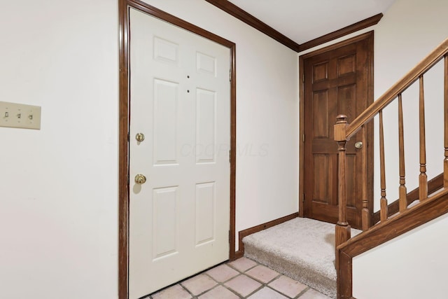 1100 Riva Ridge Blvd, Columbus, OH 43230 - foyer with stairway, crown molding, and light tile patterned flooring