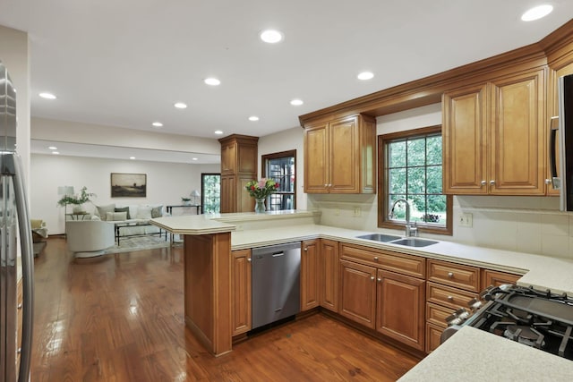 1100 Riva Ridge Blvd, Columbus, OH 43230 - kitchen with dishwasher, open floor plan, a peninsula, dark wood-style flooring, and recessed lighting