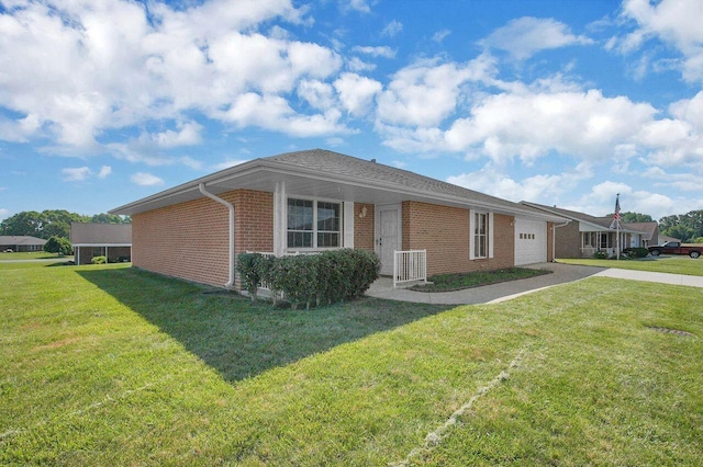 406 Aarika Dr, West Jefferson, OH 43162 - view of front of house with an attached garage, driveway, brick siding, and a front yard