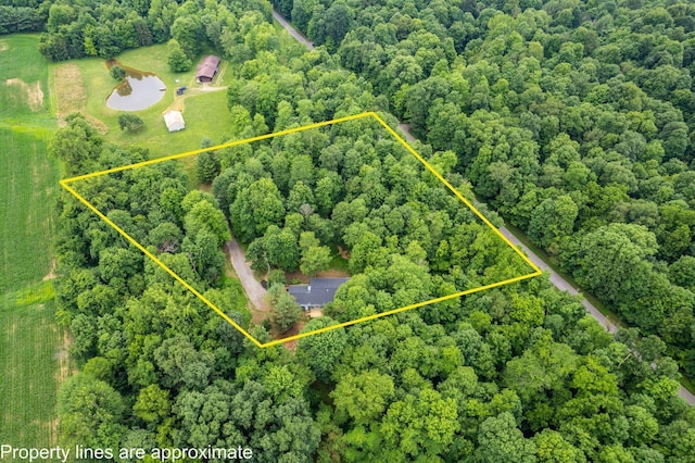 13900 Justin Rd, Utica, OH 43080 - aerial view of property and surrounding area with property parcel outlined and a heavily wooded area