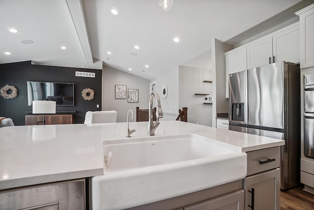 25500 Storms Rd, West Mansfield, OH 43358 - kitchen with open floor plan, stainless steel refrigerator with ice dispenser, light countertops, dark wood-type flooring, and recessed lighting