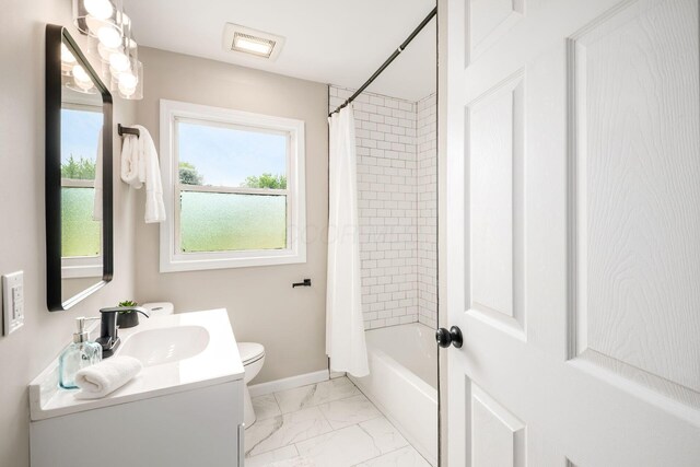 3432 Walmar Dr, Columbus, OH 43224 - bathroom featuring vanity, marble finish floors, and shower / bath combination with curtain