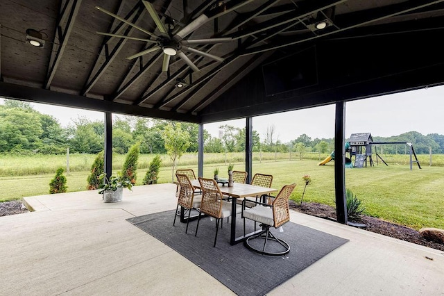 9710 Butcher Rd, Mount Vernon, OH 43050 - view of patio / terrace featuring outdoor dining area, a playground, and ceiling fan