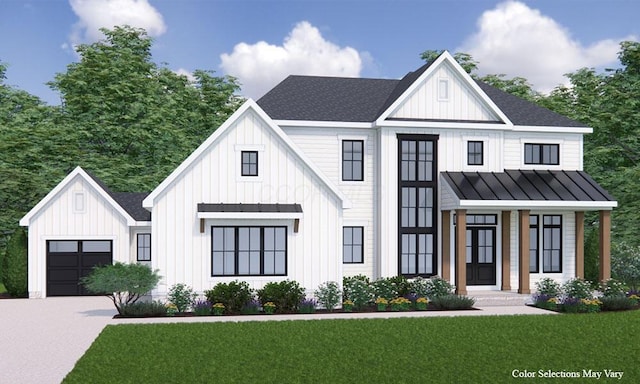 3150 Rutherford Rd, Powell, OH 43065 - modern farmhouse style home featuring a standing seam roof, board and batten siding, and an attached garage