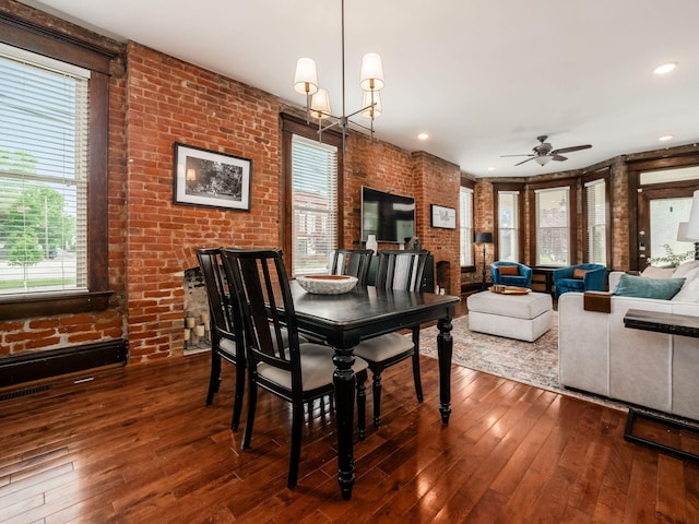 119 Miami Ave Unit 119, Columbus, OH 43203 - dining area featuring a ceiling fan, brick wall, hardwood / wood-style flooring, and recessed lighting