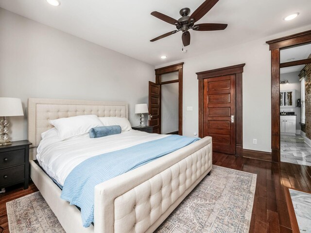 119 Miami Ave Unit 119, Columbus, OH 43203 - bedroom with wood finished floors, recessed lighting, ensuite bath, and a ceiling fan