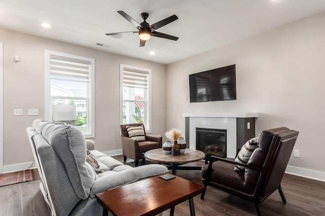 1232 N Grant Ave, Columbus, OH 43201 - living area featuring a glass covered fireplace, wood finished floors, recessed lighting, and ceiling fan