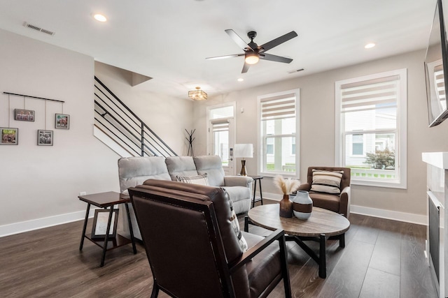 1232 N Grant Ave, Columbus, OH 43201 - living area with dark wood-style floors, stairway, ceiling fan, and recessed lighting