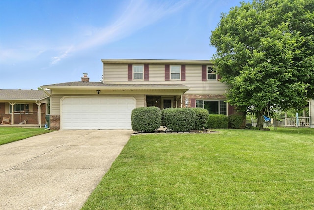 2036 Queensbridge Dr, Columbus, OH 43235 - traditional home featuring brick siding, driveway, a front lawn, and a chimney
