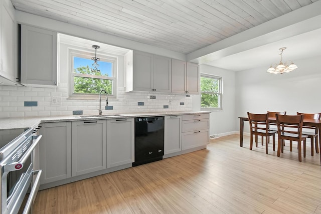 2036 Queensbridge Dr, Columbus, OH 43235 - kitchen with black dishwasher, high end stove, backsplash, a chandelier, and light wood-style flooring