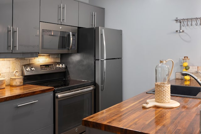 1481 Cliff Ct Unit 58-A, Columbus, OH 43204 - kitchen featuring butcher block counters, stainless steel appliances, and gray cabinets