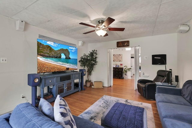 220 Robinwood Ave, Columbus, OH 43213 - living room with ceiling fan, wood finished floors, and a paneled ceiling