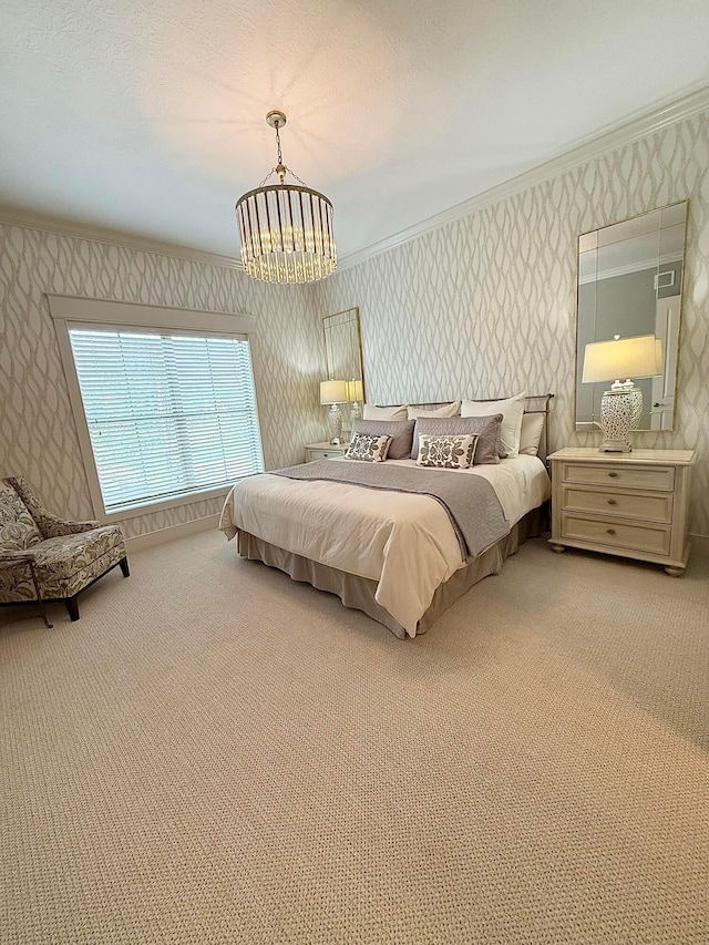 2000 Forestview Ln, Delaware, OH 43015 - bedroom featuring wallpapered walls, ornamental molding, light colored carpet, and a chandelier