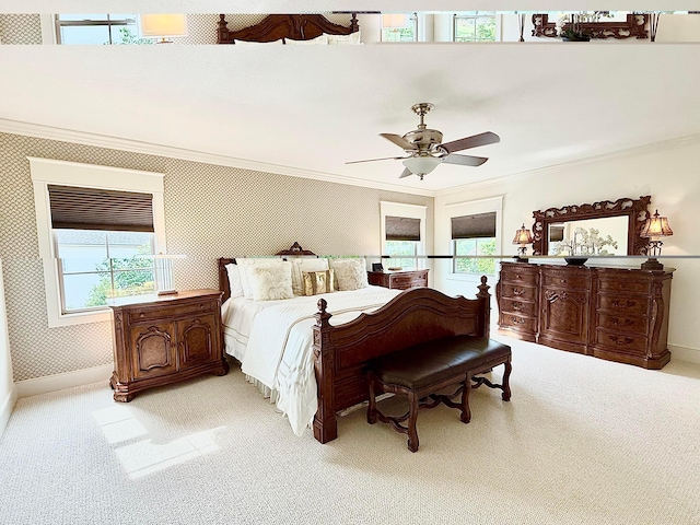 2000 Forestview Ln, Delaware, OH 43015 - bedroom featuring light colored carpet, multiple windows, crown molding, a ceiling fan, and wallpapered walls