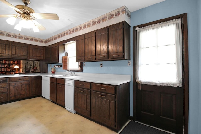 2399 Arabelle Dr NE, Lancaster, OH 43130 - kitchen featuring dishwasher, light floors, light countertops, dark brown cabinetry, and ceiling fan