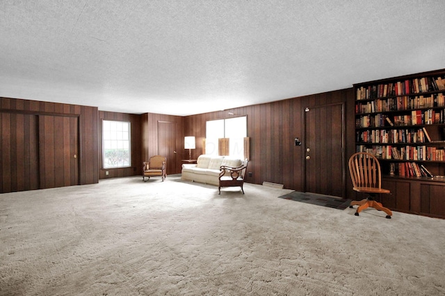 2399 Arabelle Dr NE, Lancaster, OH 43130 - living area with a textured ceiling, wooden walls, and carpet floors