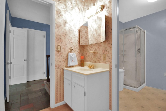 2399 Arabelle Dr NE, Lancaster, OH 43130 - full bathroom with vanity, a stall shower, and wallpapered walls