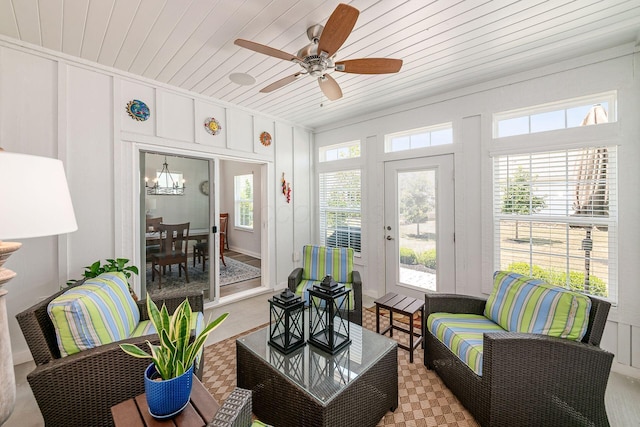 5540 Eva Loop S, Dublin, OH 43016 - sunroom with a decorative wall, a chandelier, and wood ceiling
