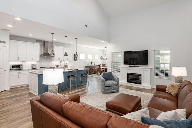 5540 Eva Loop S, Dublin, OH 43016 - living area featuring light wood-style flooring, high vaulted ceiling, recessed lighting, and a glass covered fireplace