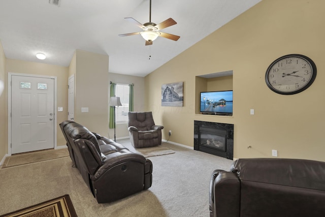 3991 Shannon Green Dr Unit 152, Canal Winchester, OH 43110 - living area with ceiling fan, carpet flooring, a fireplace, and lofted ceiling