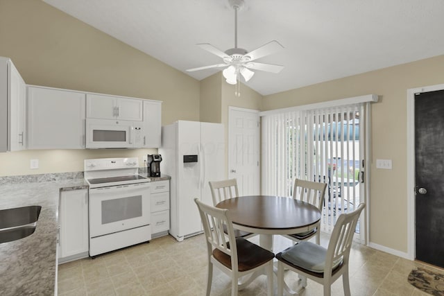 3991 Shannon Green Dr Unit 152, Canal Winchester, OH 43110 - kitchen featuring white appliances, lofted ceiling, ceiling fan, white cabinets, and light tile patterned flooring