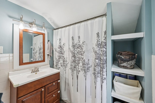 105 Marks Ave, Lancaster, OH 43130 - bathroom featuring vanity, vaulted ceiling, and a shower with shower curtain