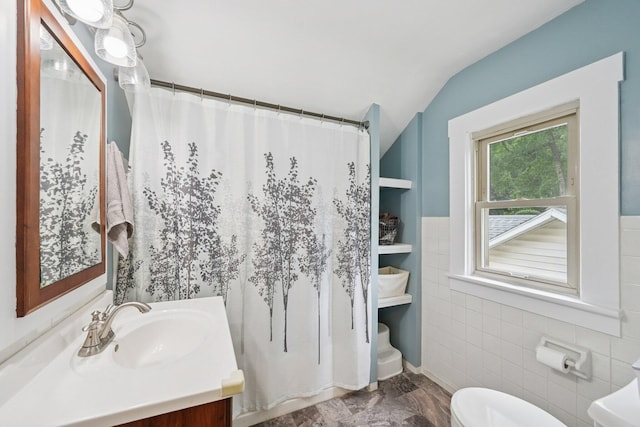105 Marks Ave, Lancaster, OH 43130 - bathroom featuring tile walls, vanity, vaulted ceiling, and a shower with curtain