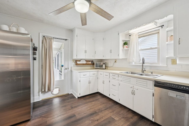 105 Marks Ave, Lancaster, OH 43130 - kitchen featuring stainless steel appliances, open shelves, ceiling fan, white cabinetry, and dark wood-style floors