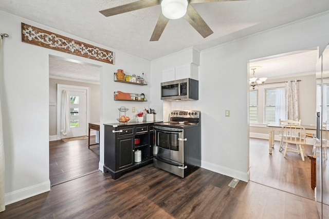 105 Marks Ave, Lancaster, OH 43130 - kitchen featuring appliances with stainless steel finishes, crown molding, open shelves, dark wood finished floors, and a ceiling fan