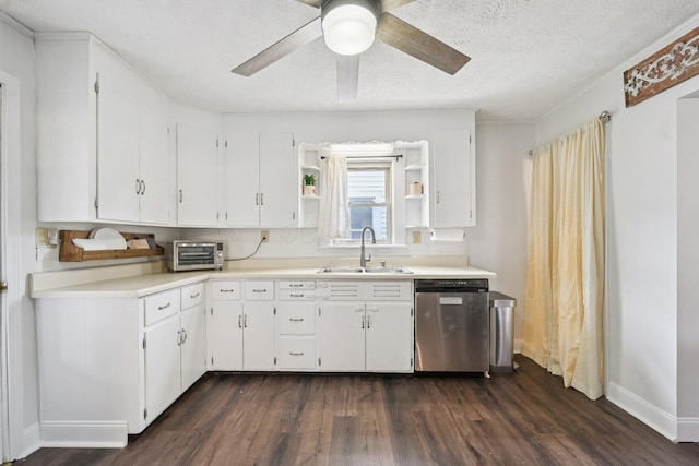 105 Marks Ave, Lancaster, OH 43130 - kitchen with stainless steel dishwasher, open shelves, and dark wood-style floors