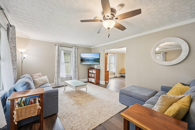 105 Marks Ave, Lancaster, OH 43130 - living room with ceiling fan, healthy amount of natural light, dark wood-style floors, a textured ceiling, and ornamental molding