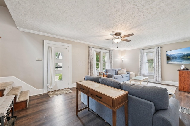 105 Marks Ave, Lancaster, OH 43130 - living room with ceiling fan, dark wood-type flooring, ornamental molding, stairway, and a textured ceiling