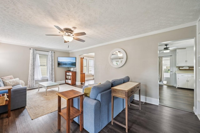 105 Marks Ave, Lancaster, OH 43130 - living room with a ceiling fan, dark wood finished floors, a textured ceiling, and ornamental molding