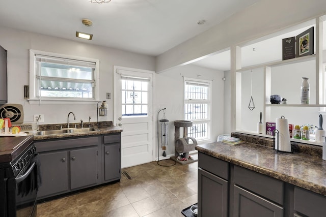 1535 S Hamilton Rd, Columbus, OH 43227 - kitchen with gray cabinets, black range, and dark countertops