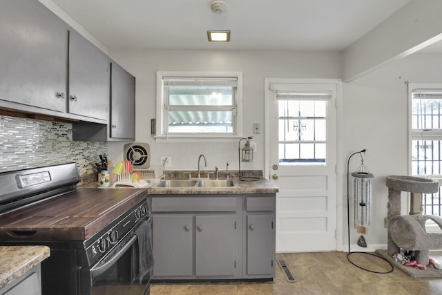 1535 S Hamilton Rd, Columbus, OH 43227 - kitchen featuring black range with electric stovetop, gray cabinets, and backsplash