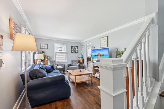 2931 Templeton Rd, Columbus, OH 43209 - living room featuring ornamental molding, dark wood-style flooring, and stairway