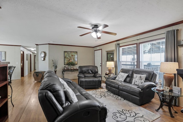 2445 Columbus-Lancaster Rd NW Unit 248Hickory, Lancaster, OH 43130 - living room with crown molding, ceiling fan, hardwood / wood-style floors, and a textured ceiling