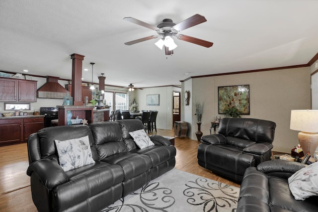 2445 Columbus-Lancaster Rd NW Unit 248Hickory, Lancaster, OH 43130 - living room featuring ceiling fan, light wood-type flooring, crown molding, and ornate columns