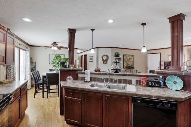 2445 Columbus-Lancaster Rd NW Unit 248Hickory, Lancaster, OH 43130 - kitchen featuring black dishwasher, decorative columns, ornamental molding, range, and light wood-type flooring