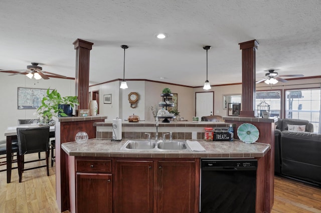 2445 Columbus-Lancaster Rd NW Unit 248Hickory, Lancaster, OH 43130 - kitchen with black dishwasher, decorative columns, open floor plan, ceiling fan, and ornamental molding