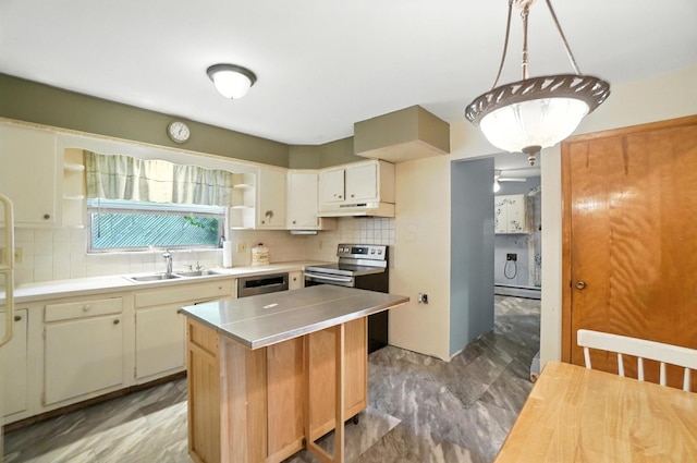 5050 Bixby Rd, Groveport, OH 43125 - kitchen with appliances with stainless steel finishes, under cabinet range hood, open shelves, tasteful backsplash, and a kitchen island