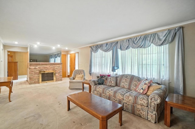 5050 Bixby Rd, Groveport, OH 43125 - living area featuring ornamental molding, carpet flooring, a fireplace, and recessed lighting
